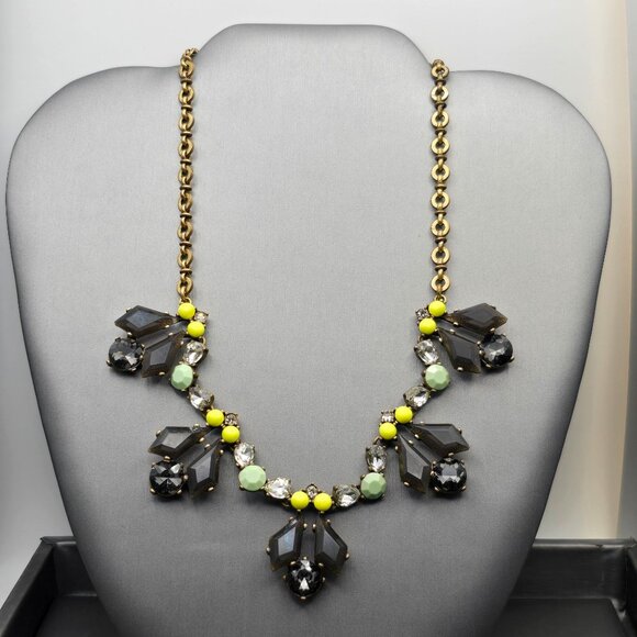 Y2K J Crew Gray Rhinestones & Yellow Accents Statement Necklace 15" Gold Tone - Picture 8 of 8